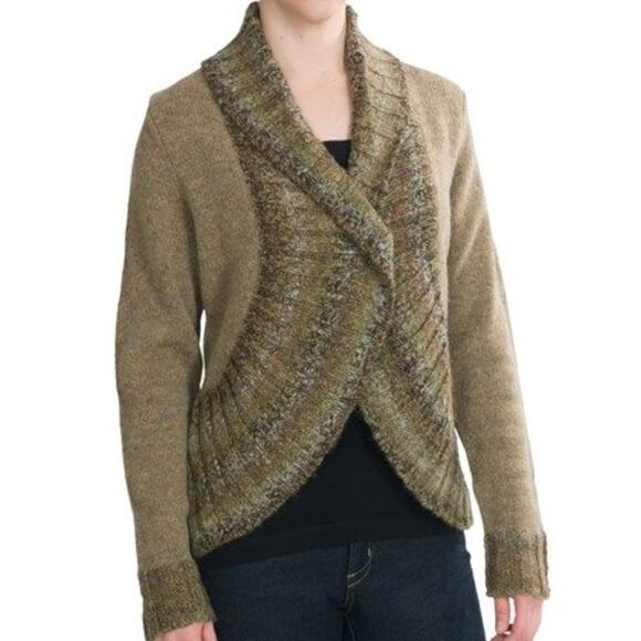 Woolrich Lambs Wool Knitted Border Stripe‎ Cardigan Sweater Size S Shawl Collar - Picture 1 of 12